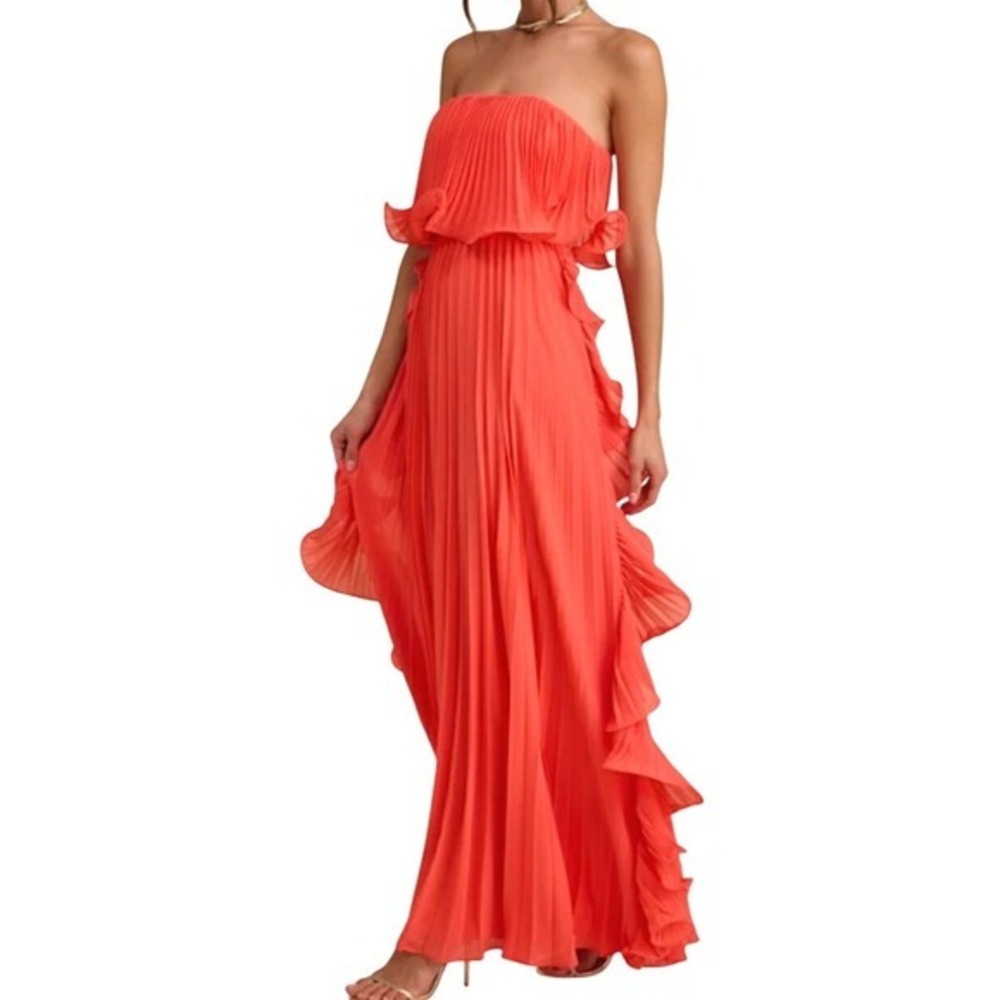 NWT Lulus Andri Bright Orange Pleated Ruffled Strapless Maxi Dress L Flowy